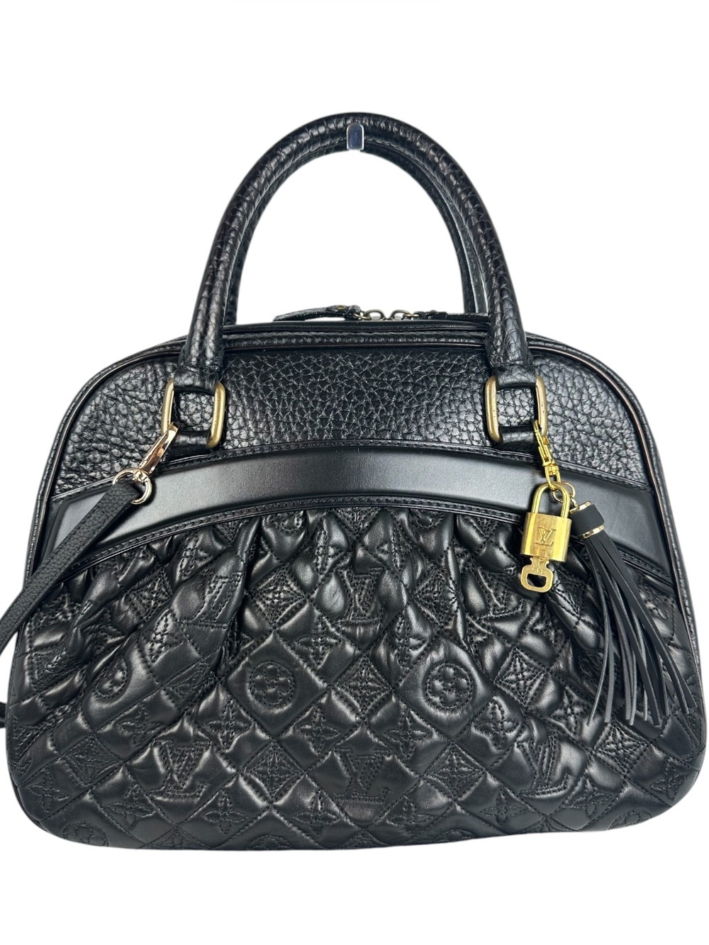 Black Quilted Leather Satchel Handbag with Tassel Accent